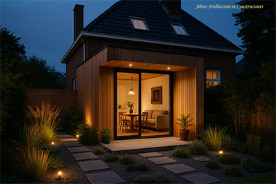 Strakke aanbouw met houten accenten